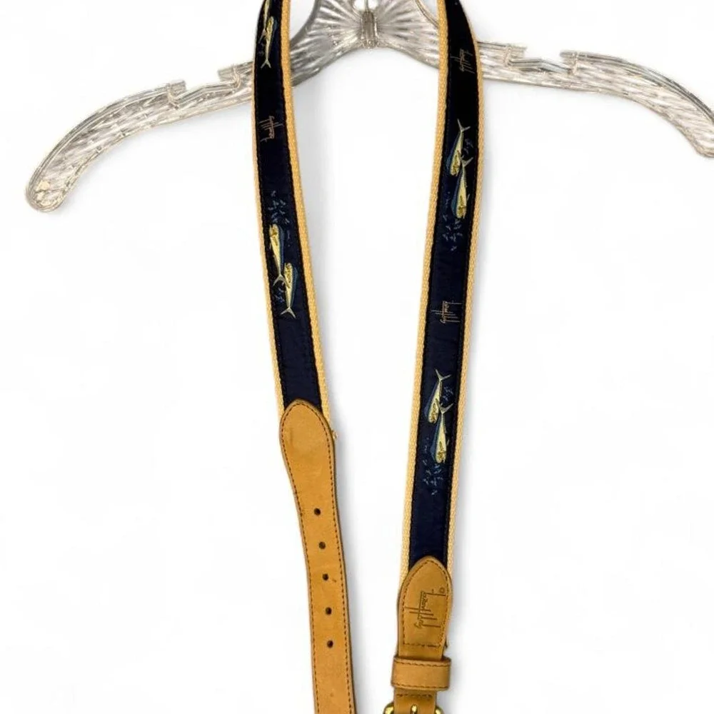 Guy Harvey Mens 38 Leather Tab Ribbon Belt Mahi Mahi Dolphin Fish Navy Tan